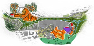 Revised Village Plan Gray is existing, Orange is proposed and Purple is the Mountain Adventure Center (Click to Enlarge)